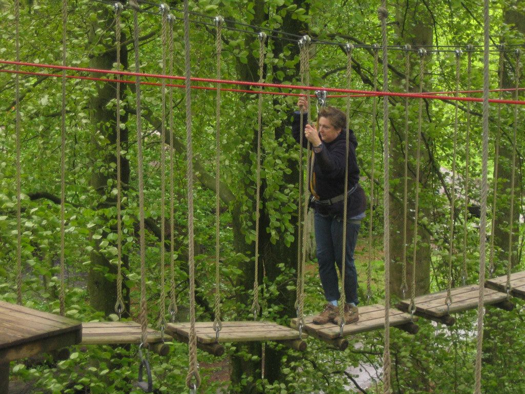 Debbie takes the swinging boards in her stride