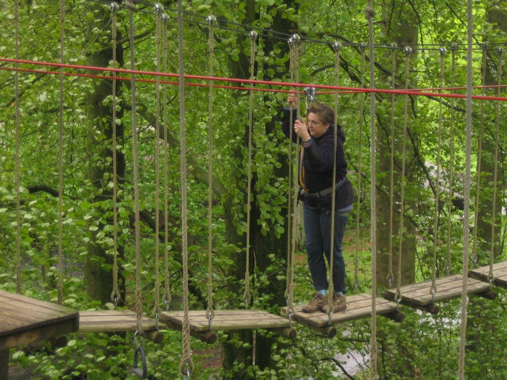 Debbie takes the swinging boards in her stride